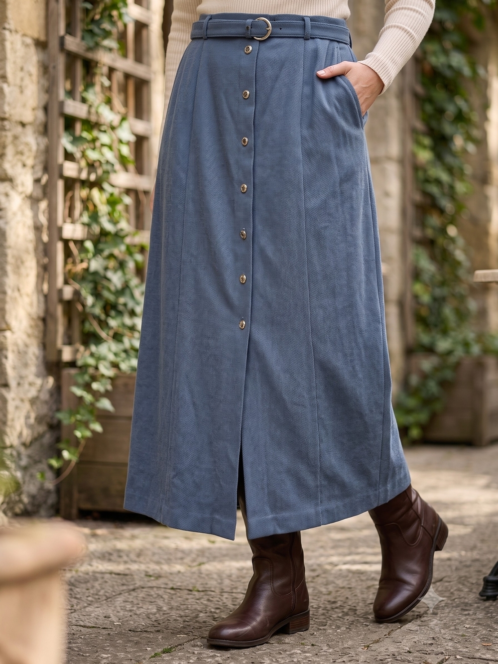 Vintage 90s Dark Academia Button Front Belted Maxi Skirt Slate